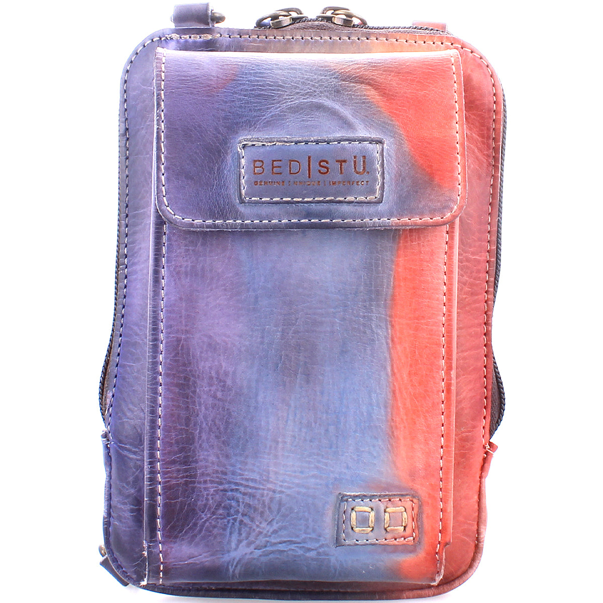 A multicolored premium leather Bed Stu Alelike crossbody phone holder with a vertical, ombre design featuring shades of blue, purple, and orange.