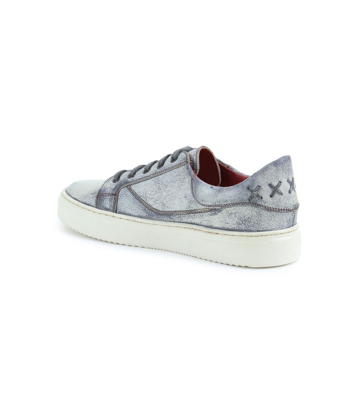 Experience the contemporary style of the Azeli by Bed Stu, featuring a gray sneaker with a worn texture, an X-shaped stitching on the heel, and a white sole for that sleek, low-profile look.