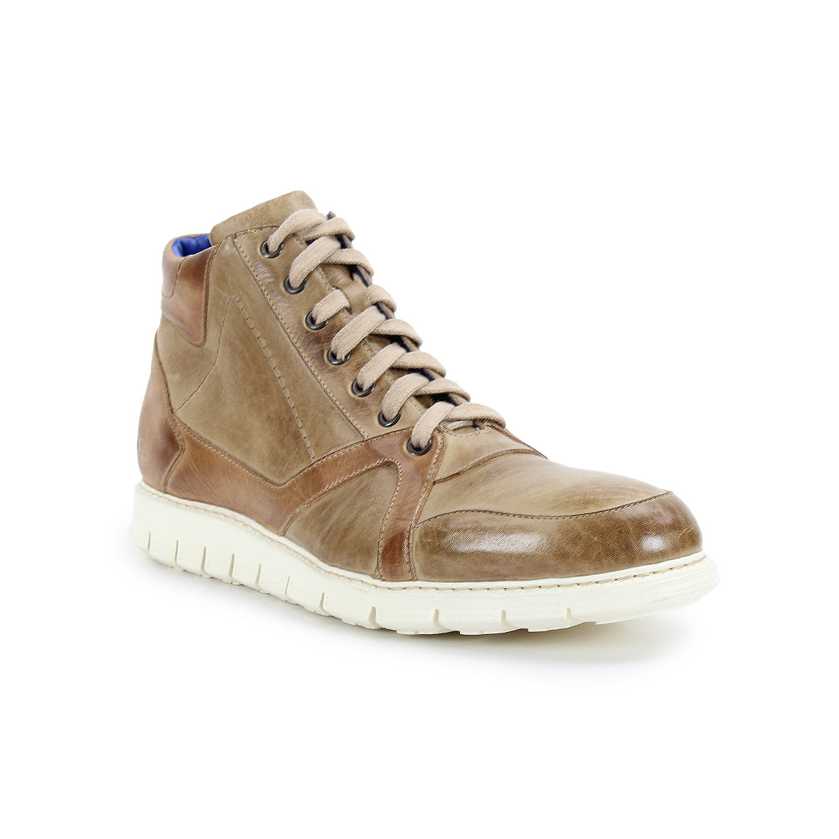 The Barton by Bed Stu is a brown leather high-top men's sneaker with a white rubber sole. It features a lace-up closure and a textured finish on the upper part. Experience comfort with its breathable insole, making them perfect for all-day wear.