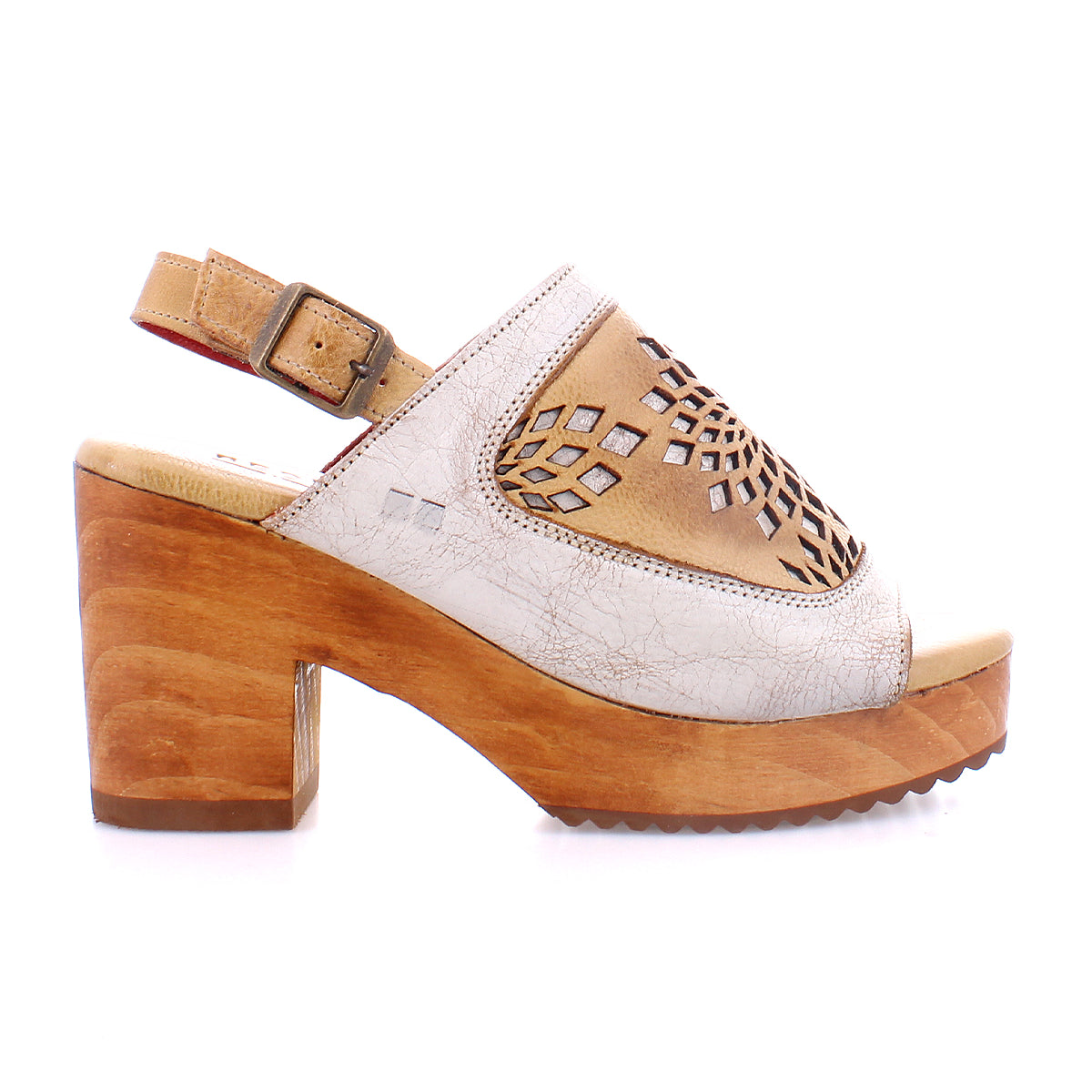 An adjustable ankle buckle sandal with a wooden platform and a wooden heel called Jinkie by Bed Stu.