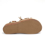 Side view of a Necessary sandal by Bed Stu with a brown wooden flatform sole and stylish stitched straps on a white background.