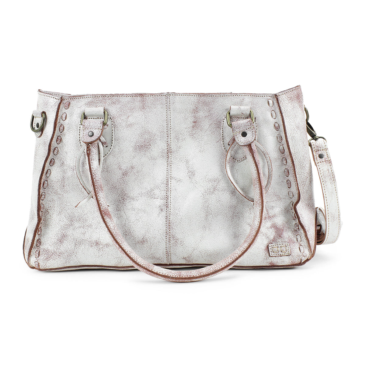 The Rockababy by Bed Stu is a silver leather handbag featuring two handles, decorative stitching, and a versatile crossbody strap.