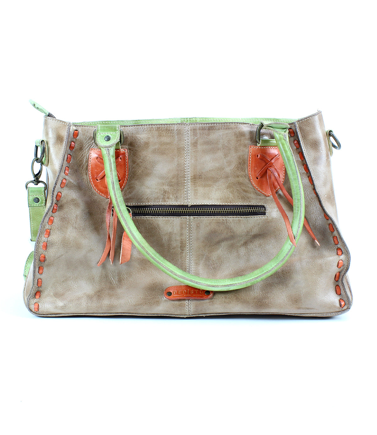 The Bed Stu Rockababy large handbag with brown leather, green handles, orange accents, and a front zipper pocket now includes a versatile crossbody strap for convenience while staying stylish and functional.