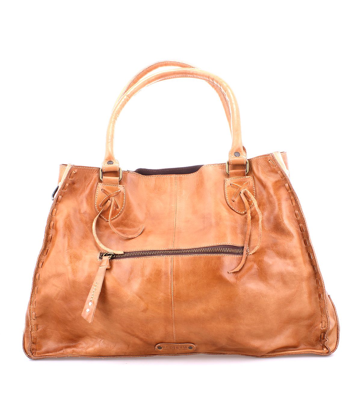 The Rockaway by Bed Stu is a brown leather handbag that features rounded handles and a convenient shoulder strap, enhanced by a front zip-pocket divider for improved organization.