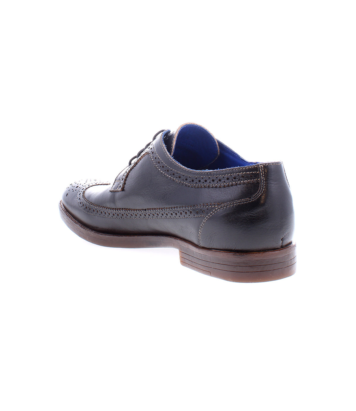 The Sandro II by Bed Stu, a handcrafted leather men's office shoe with brogue details, is displayed from the back angle on a plain white background.