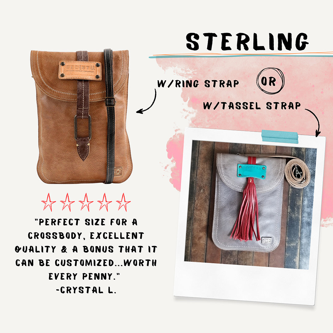 Sterling customizable handbag tan with tan patch and teak straps. 5 star Review by customer. Ring strap or tassel strap options. 