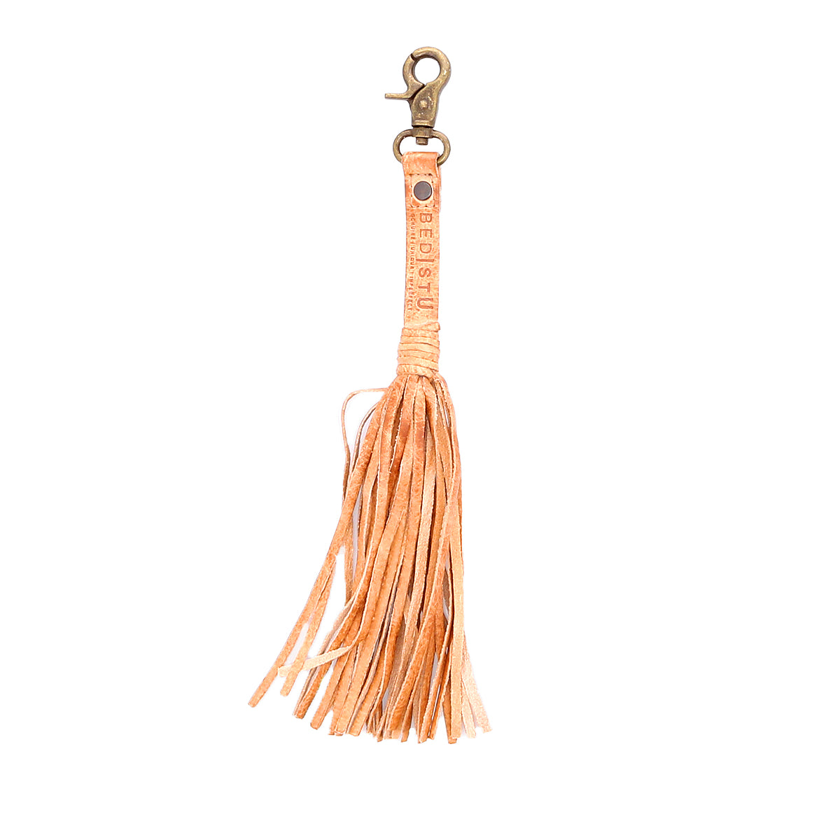 An accessory that allows for personal expression, the Bed Stu peach leather key chain features a stylish Tassel Clip.