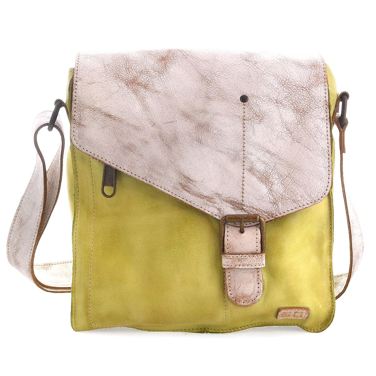 The Venice Beach by Bed Stu is a bohemian-inspired, handmade leather crossbody bag with a yellow body and light brown textured flap. It features a buckle closure and an adjustable shoulder strap, exuding laid-back charm.