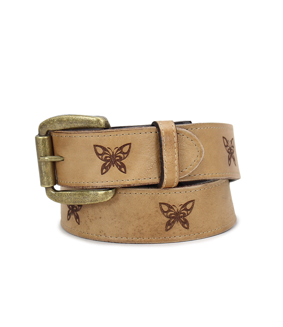 The Wander belt by Bed Stu is a tan leather accessory featuring a brass buckle and whimsical charm, adorned with laser-etched butterflies along its length.