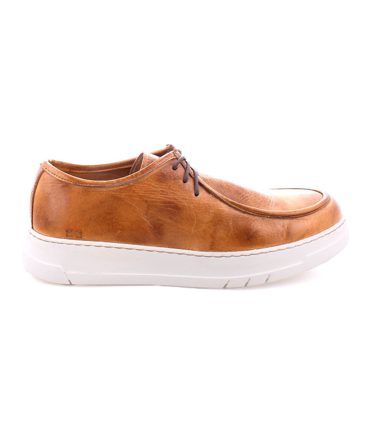 The Webmaster by Bed Stu is a brown leather men's sneaker featuring a white rubber sole, lace-up detail, and a low-top design for all-day comfort, viewed from the side.