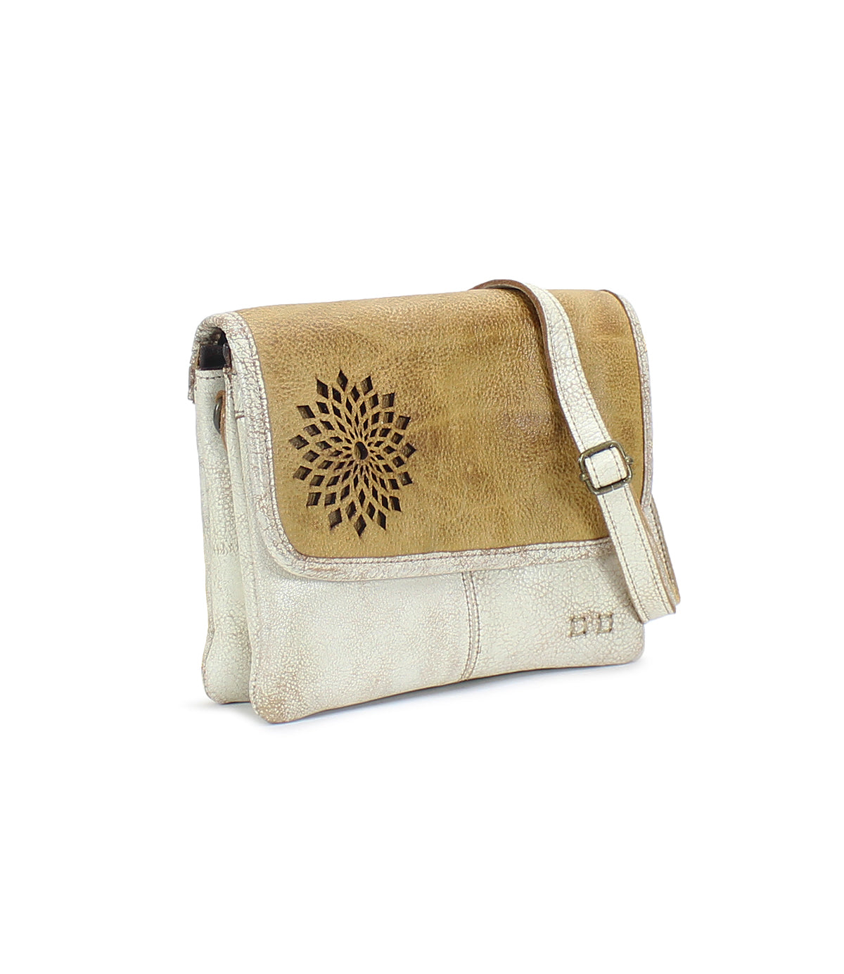 A stylish Bed Stu Ziggy II leather crossbody bag with a flower design on it.