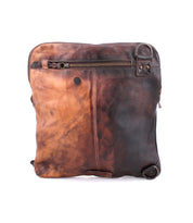 A Bed Stu Aiken brown leather crossbody bag with a zipper.