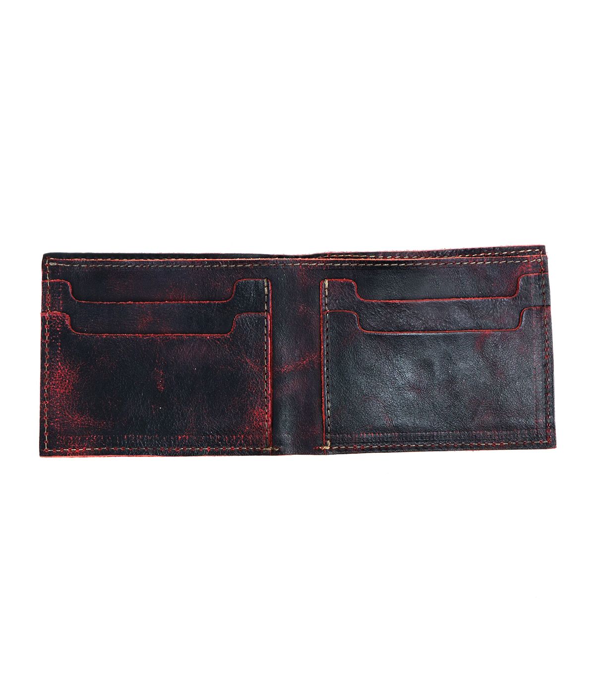 The Amidala by Bed Stu is an open black and red leather bifold wallet featuring multiple card slots and compartments for cash and cards.