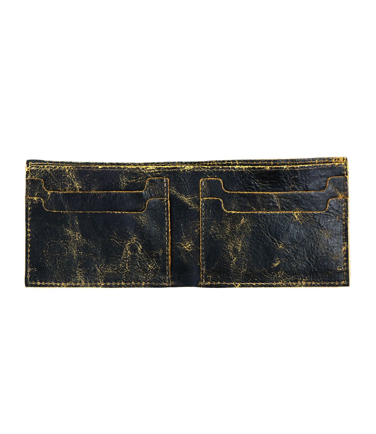 The Amidala by Bed Stu is a weathered, open leather bifold wallet featuring two large compartments and four card slots, showcasing a distressed, worn texture.