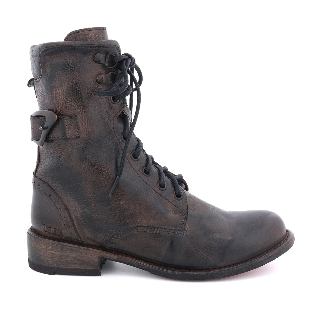A women's black leather boot with metal buckles called Anne by Bed Stu.