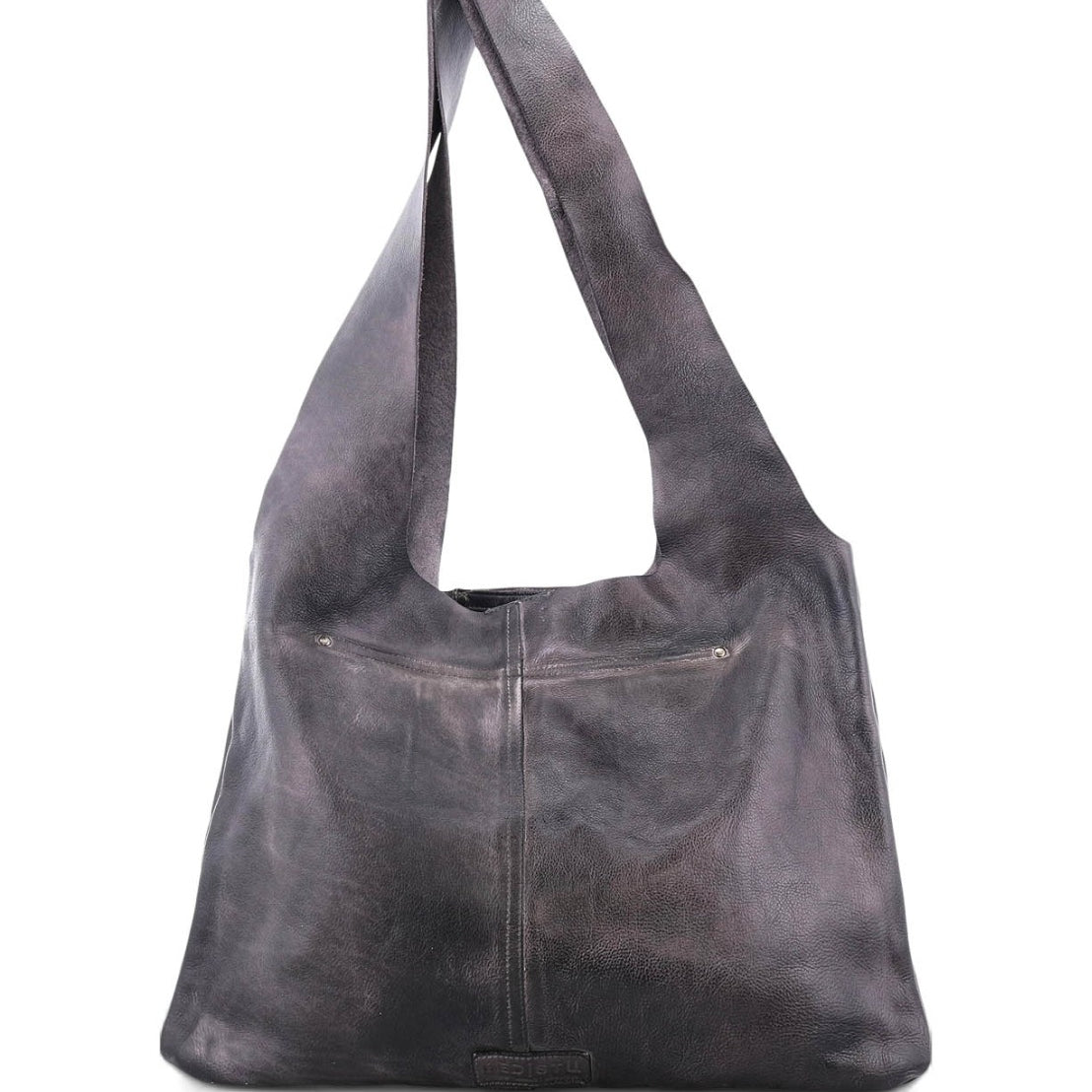 An Ariel grey leather hobo bag on a white background by Bed Stu.