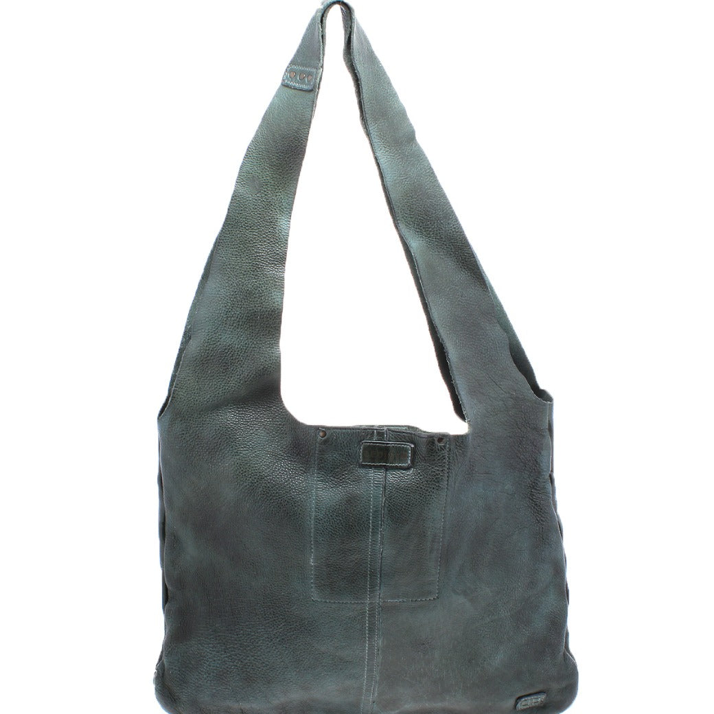 An Ariel by Bed Stu green leather hobo bag on a white background.