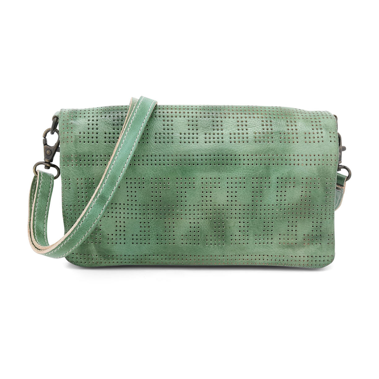 A versatile Bayshore green leather cross body bag with perforations by Bed Stu.