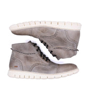 A pair of Bed Stu Bowery II men's grey leather boots on a white background.