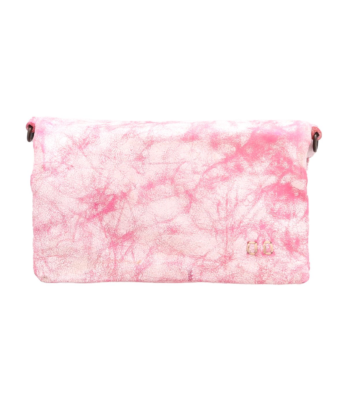 The Cadence by Bed Stu is a pink marbled crossbody handbag featuring a fold-over flap and a small metal emblem on the front.