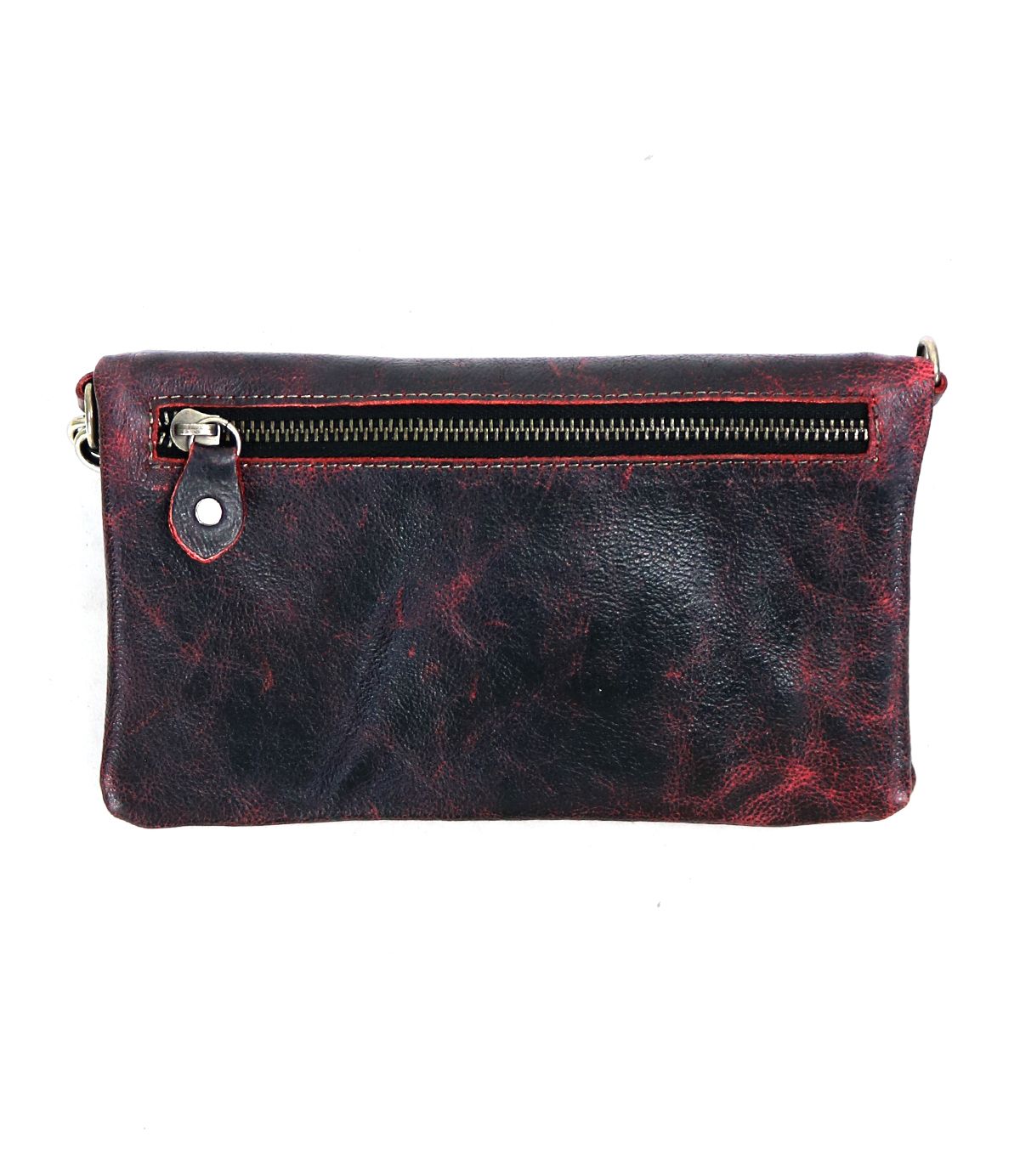 The Cadence by Bed Stu is a black leather clutch with red marbling, featuring a front zipper pocket and a metal ring detail on the left side. This versatile piece effortlessly transitions into a compact wallet or crossbody for added convenience.