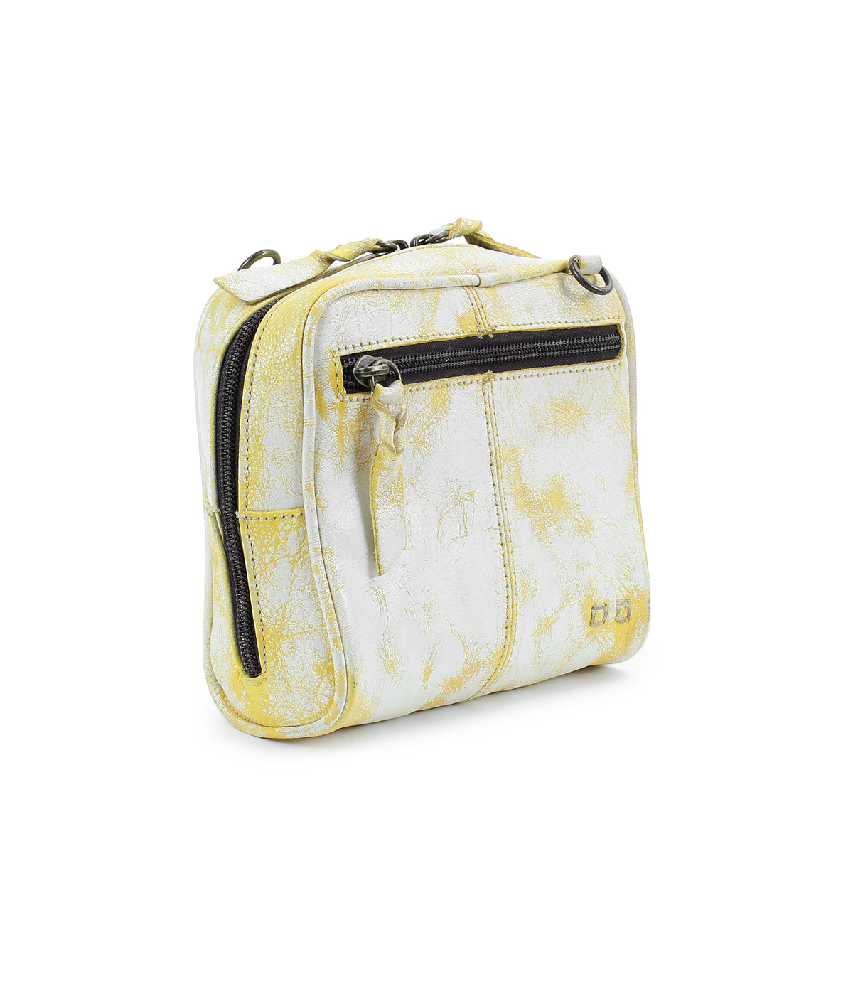 The Capture by Bed Stu is a compact rectangular purse in yellow and white, crafted from eco-friendly leather. It features a top zipper and a front zippered pocket.