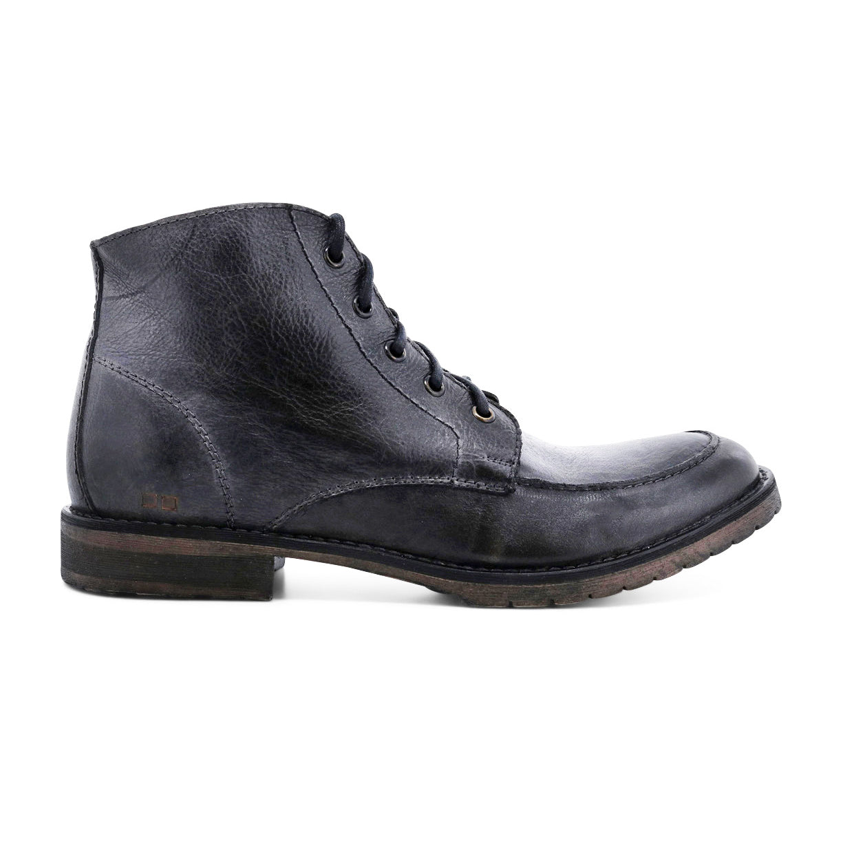 A pair of Bed Stu Curtis II men's black leather boots on a white background.