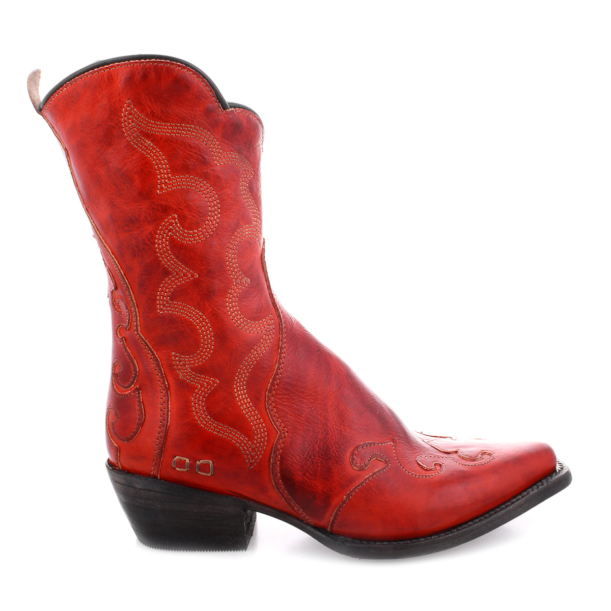 Deuce, a pair of Bed Stu Western-style, cowboy leather boots with rustic charm and an embroidered design.