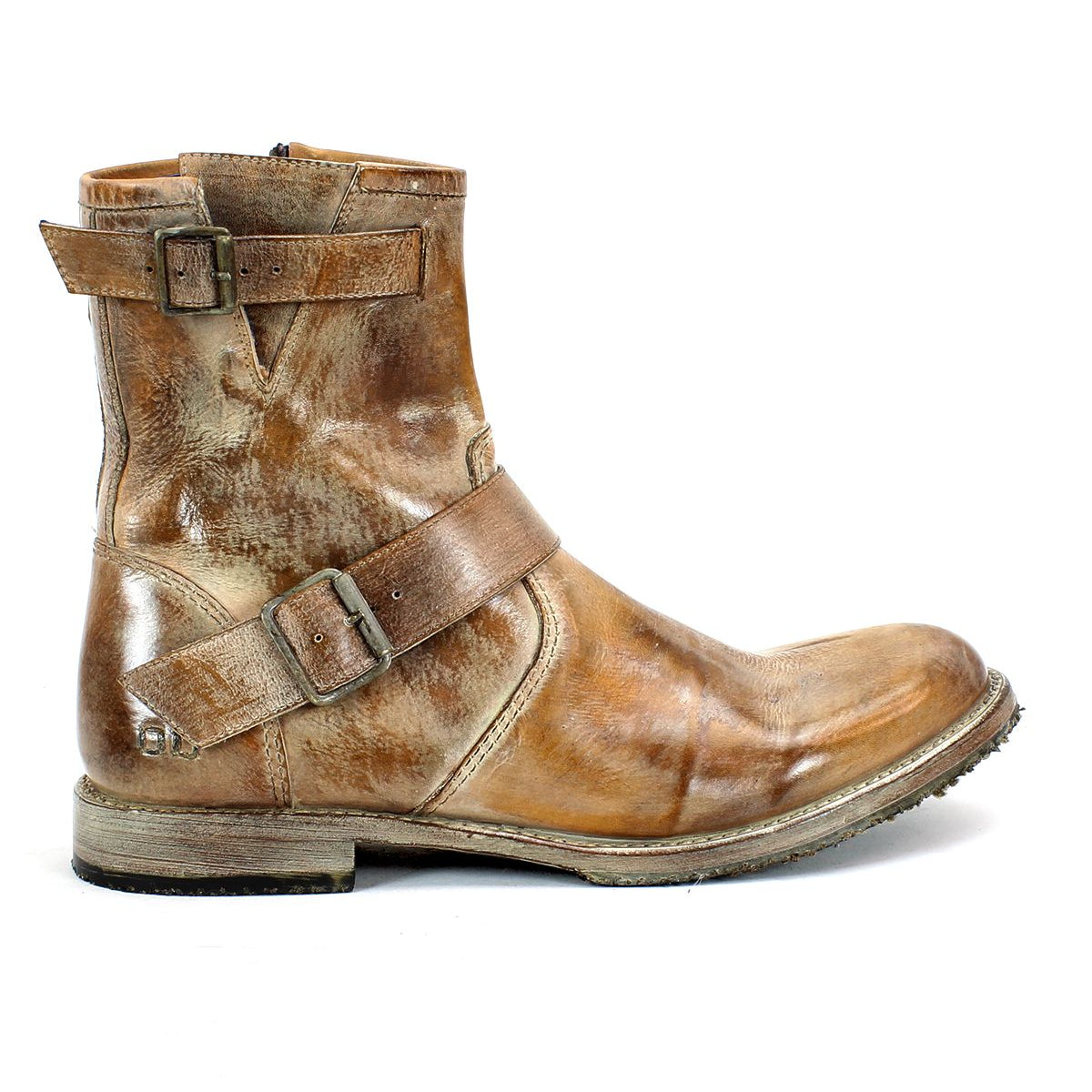 The product image showcases the Fellow boot by Bed Stu, a single moto-inspired brown leather ankle boot with adjustable straps and buckles, displayed from the side on a white background.