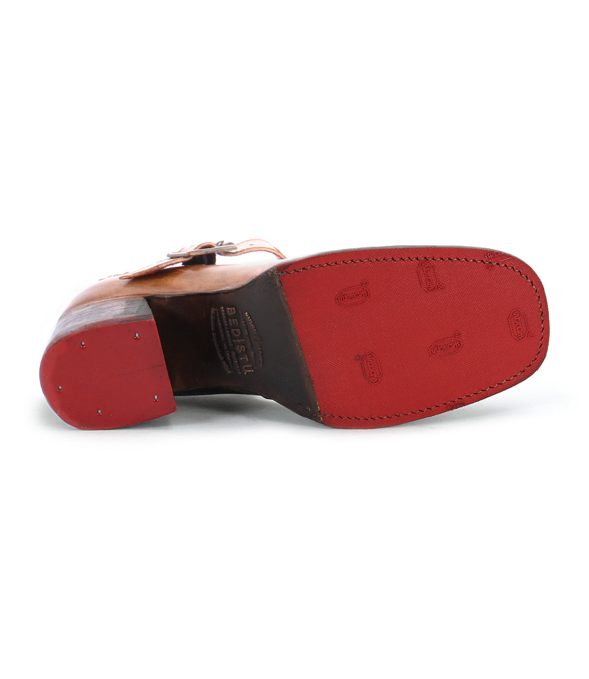 Brown leather Mary Jane shoe with a red sole, featuring an adjustable strap for a secure fit and comfortable heel, showing the bottom view and Bed Stu Forefront.