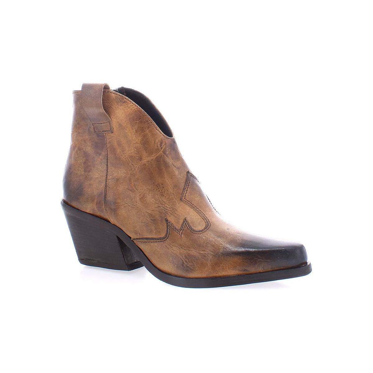 The Furio boot by Bed Stu, a single Western-inspired piece handcrafted in Italy and featuring brown leather with a pointed toe and mid-height heel, is displayed on a white background.