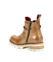 A single Ginger II tan leather Chelsea ankle boot by Bed Stu, featuring a stylish side zipper, white rugged sole, and a pull tab at the back, displayed on a white background.