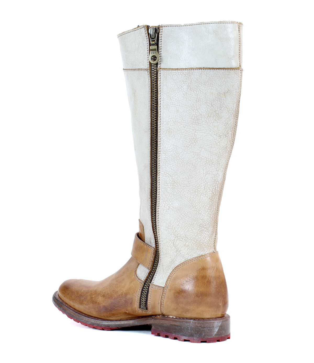 Tall brown and beige mid-calf leather boot with dual zippers and buckles, a flat heel, and a red-tinted sole, viewed from the front-left side. Bed Stu Gogo Lug.