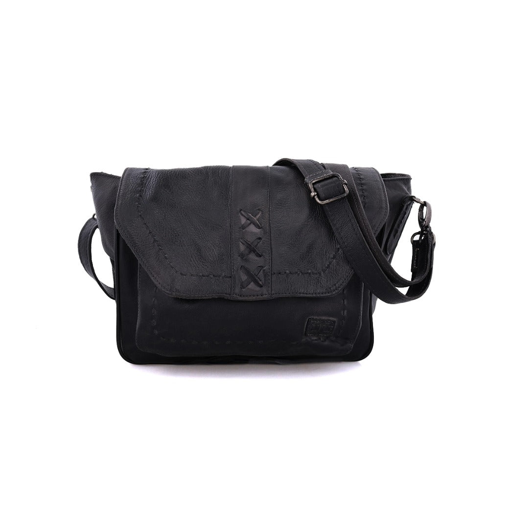 A black leather Halsey messenger bag with an adjustable strap by Bed Stu.