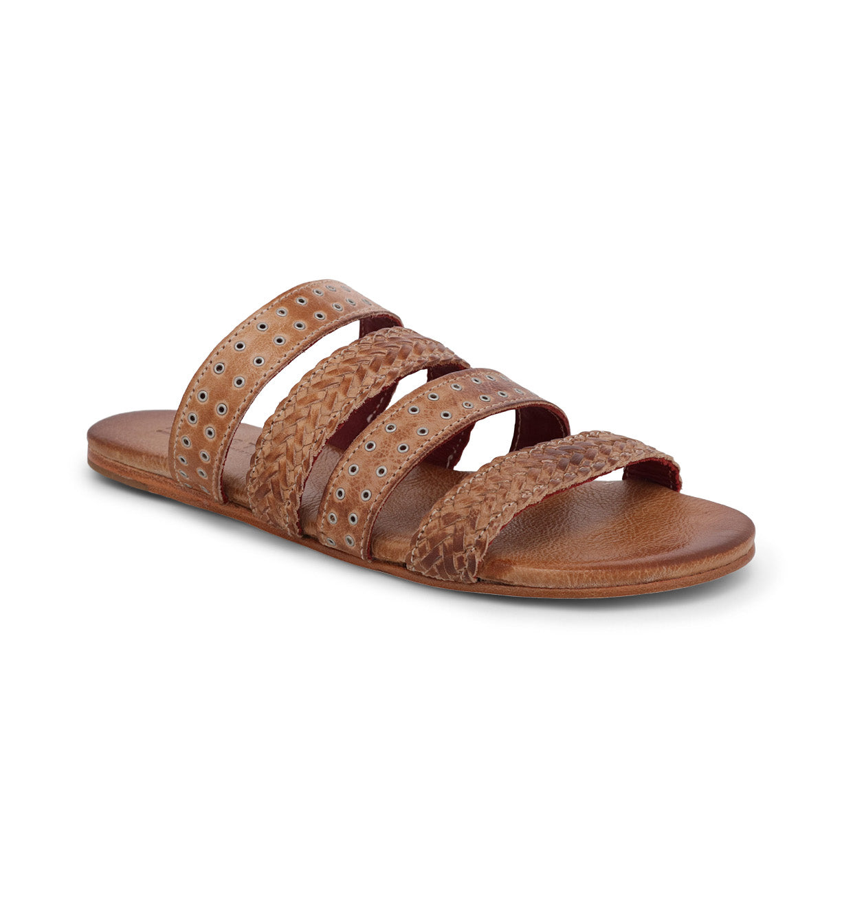 A women's tan sandal with studded straps called Henna by Bed Stu.