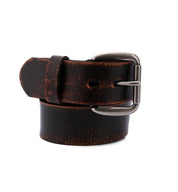 A Hobo brown leather belt on a white background by Bed Stu.