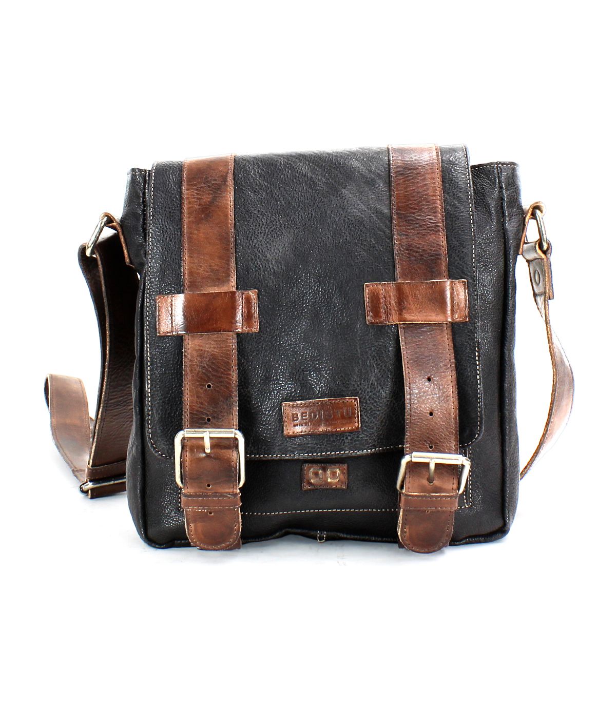 The Hue by Bed Stu is a versatile black leather messenger bag with brown leather straps, brass buckles on the front, and an adjustable shoulder strap.