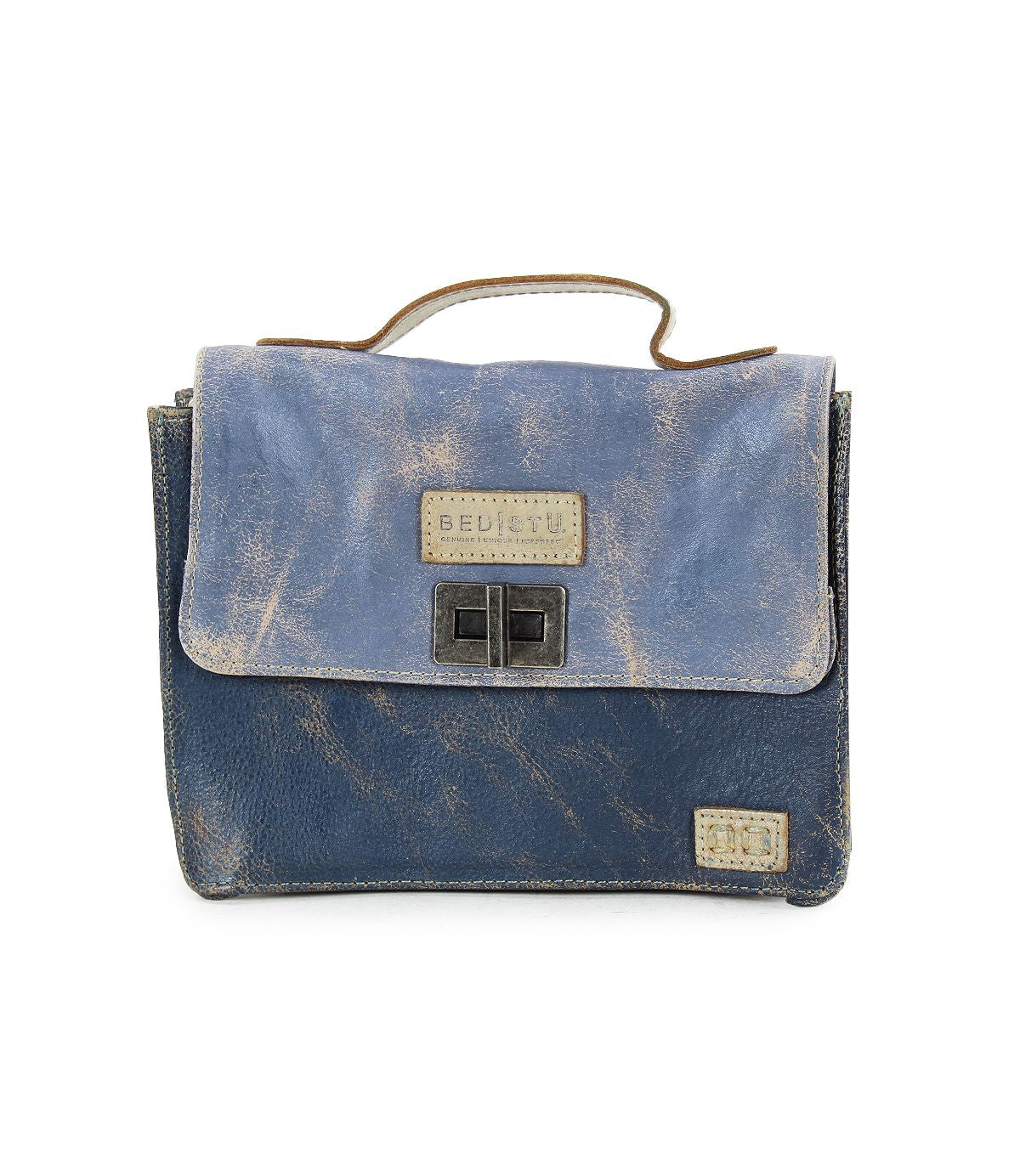 The Improv by Bed Stu is a distressed blue leather mini purse featuring a flap closure with a metal clasp. This stylish bag includes a small handle on top, showcases a patchy design, and comes with an optional crossbody strap for added fashion and functionality.