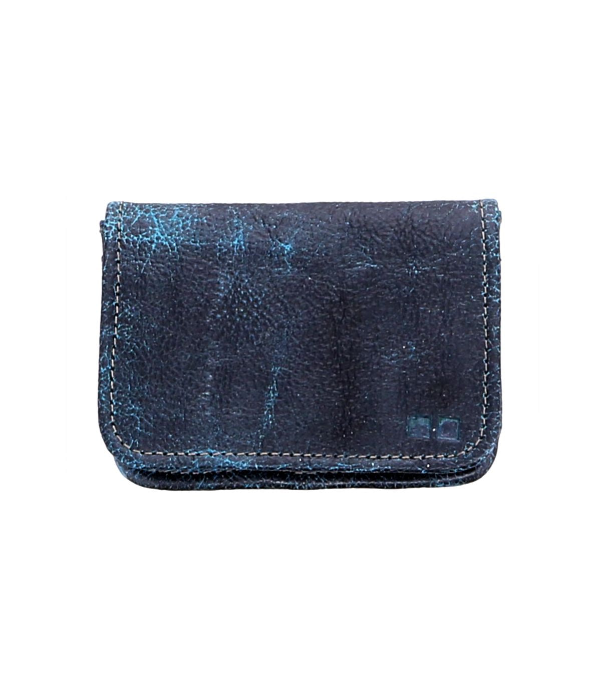 The Jeor by Bed Stu is a rectangular, dark blue leather wallet with a worn-out look. It is closed and slightly scuffed, showcasing visible stitching around the edges. Inside, you'll find multiple credit card slots and a clear ID holder for added convenience.