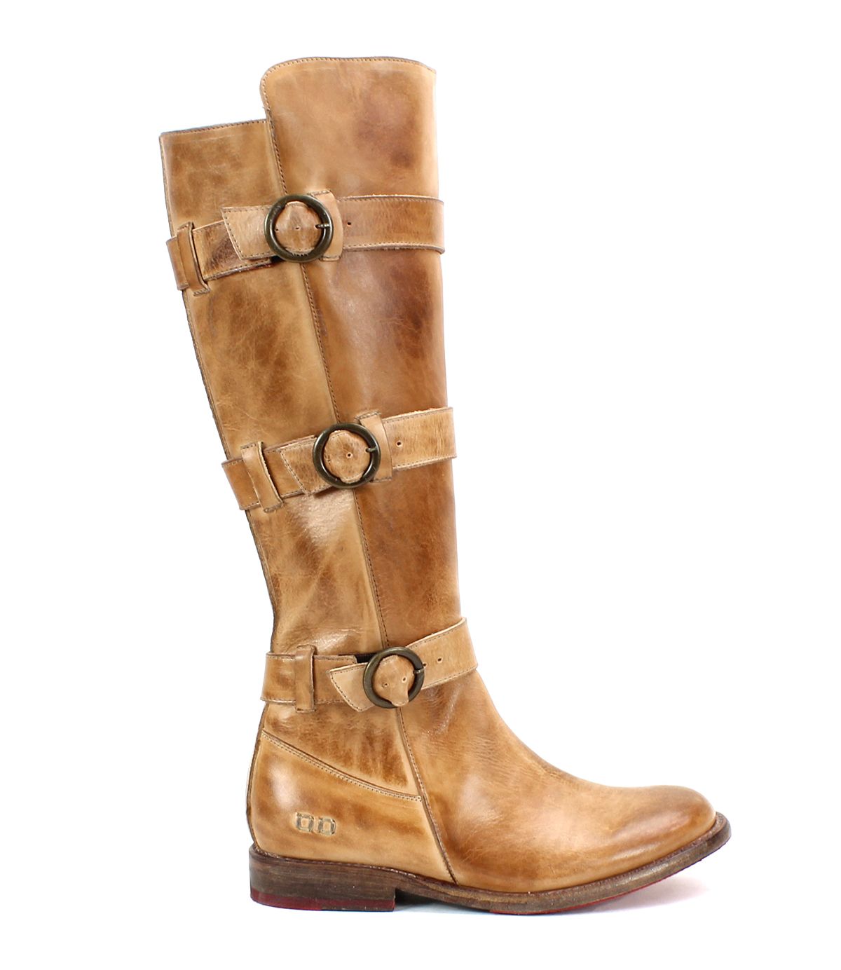 Side view of the Bed Stu Kitty brown leather knee-high boot featuring three buckle straps along the shaft and a small heel, exuding tall beauty and customizable fit.