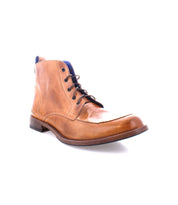 The Lincoln II by Bed Stu is a classic brown leather ankle boot featuring black laces and a low heel, ideal for an elegant look, shown from a side perspective against a white background.