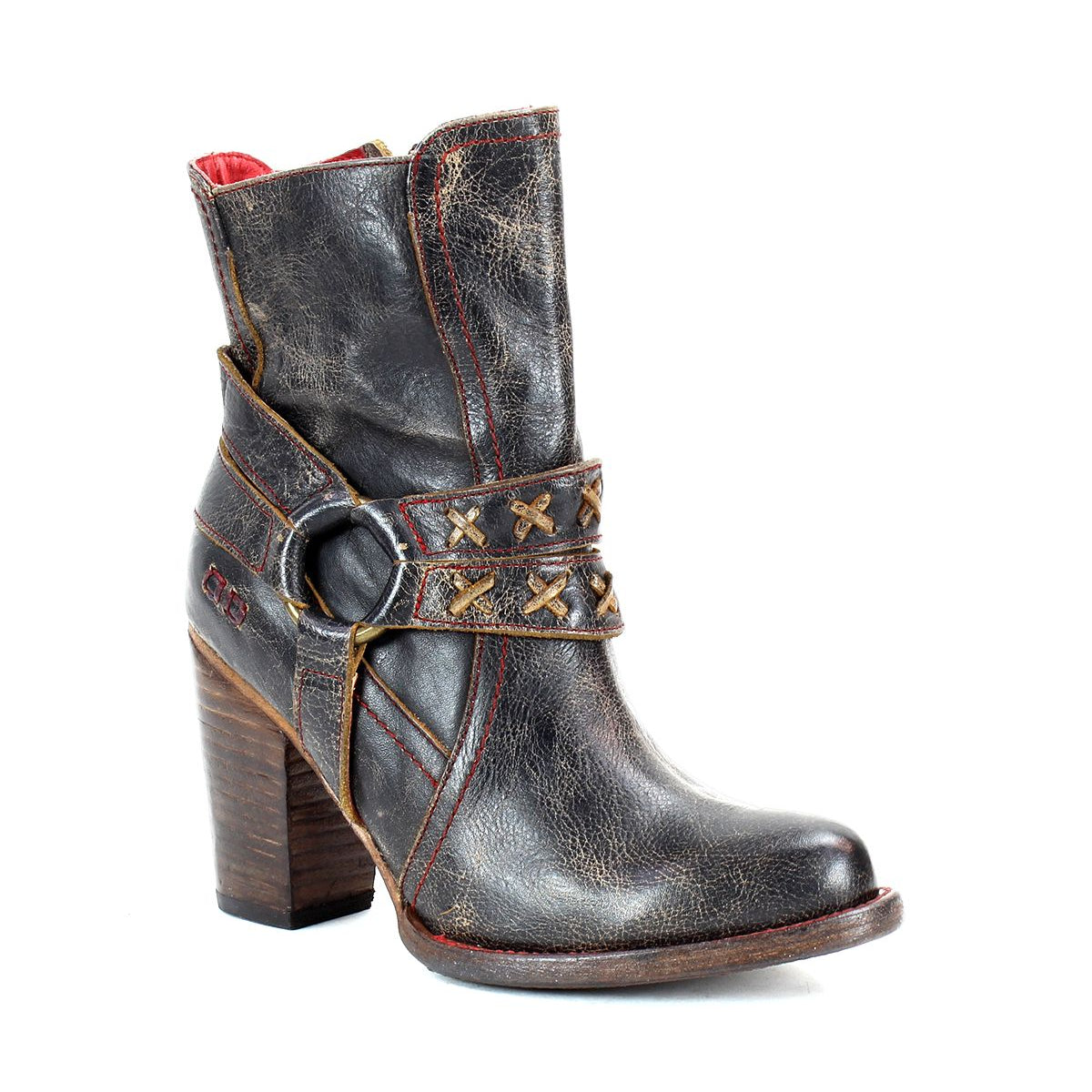 A black distressed leather boot with a high heel, red stitching and o-ring harness on the 45 degree view. 