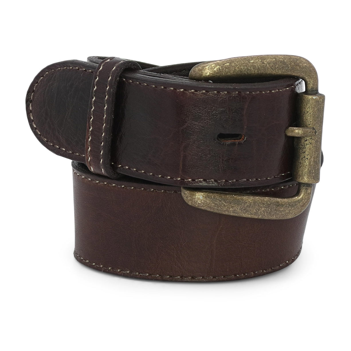 A coiled dark brown distressed leather belt with a brass buckle, isolated on a white background.