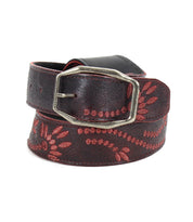 The Mohawk belt from Bed Stu is a dark brown leather accessory with decorative red stitching, featuring an antique silver buckle and subtle embroidered details.