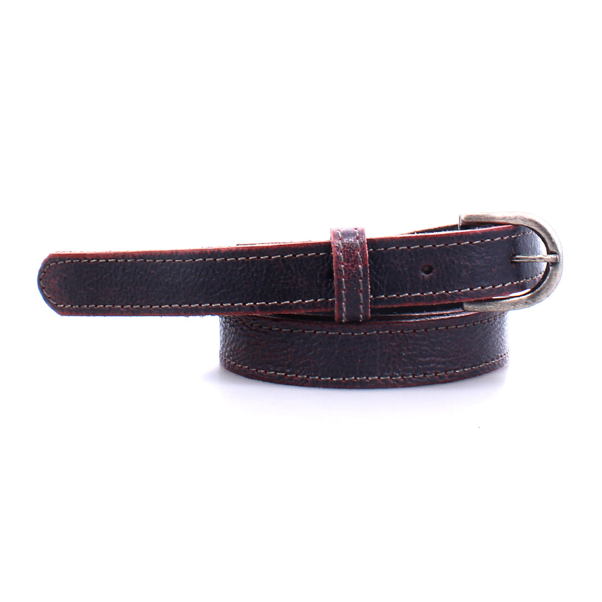 A rolled dark brown distressed leather belt from Bed Stu called the Monae, it features a silver buckle and contrasting white stitching, combining rustic charm with modern style.