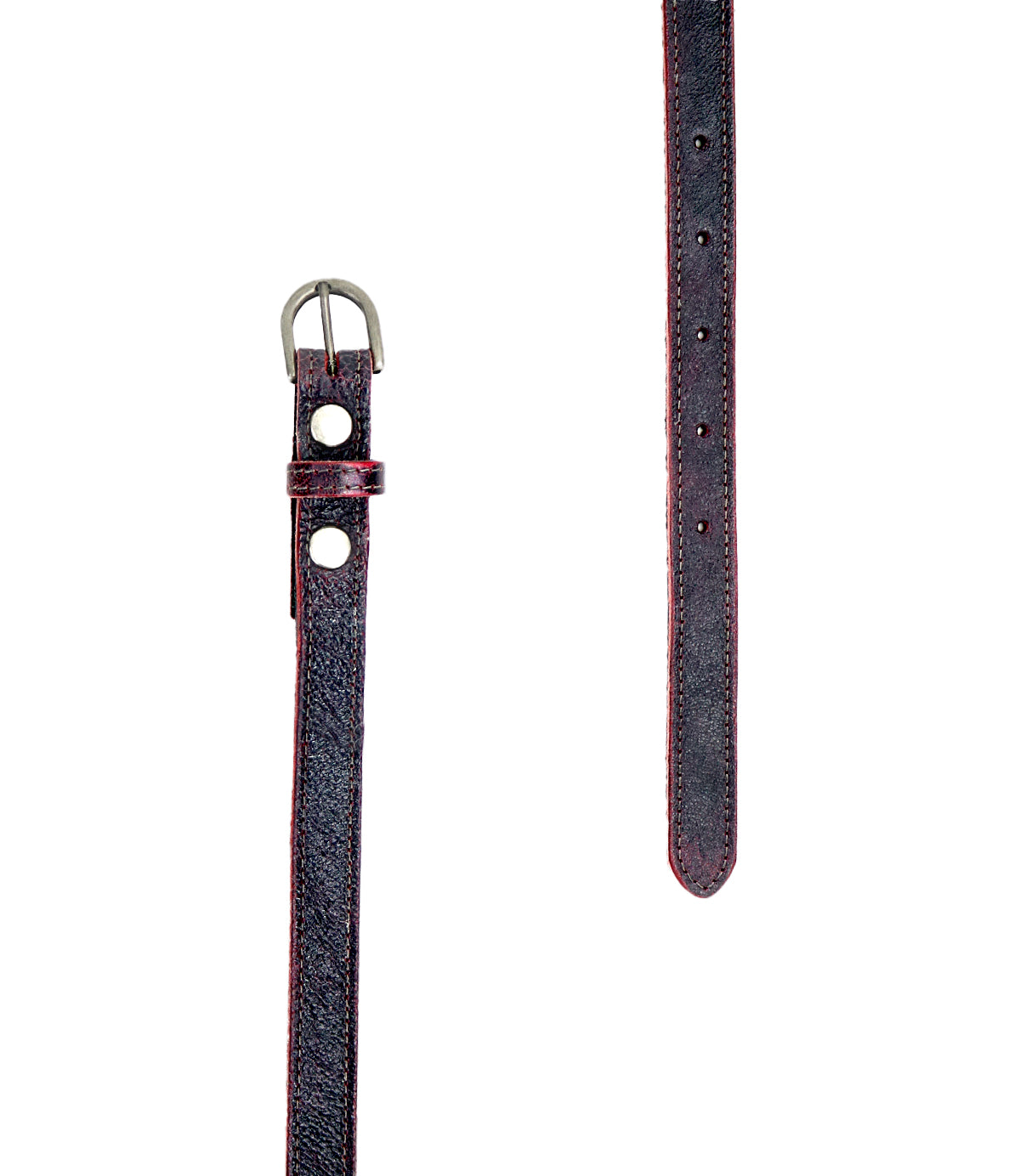 A black leather Bed Stu Monae belt with red stitching, featuring a silver buckle and multiple holes for adjustability.