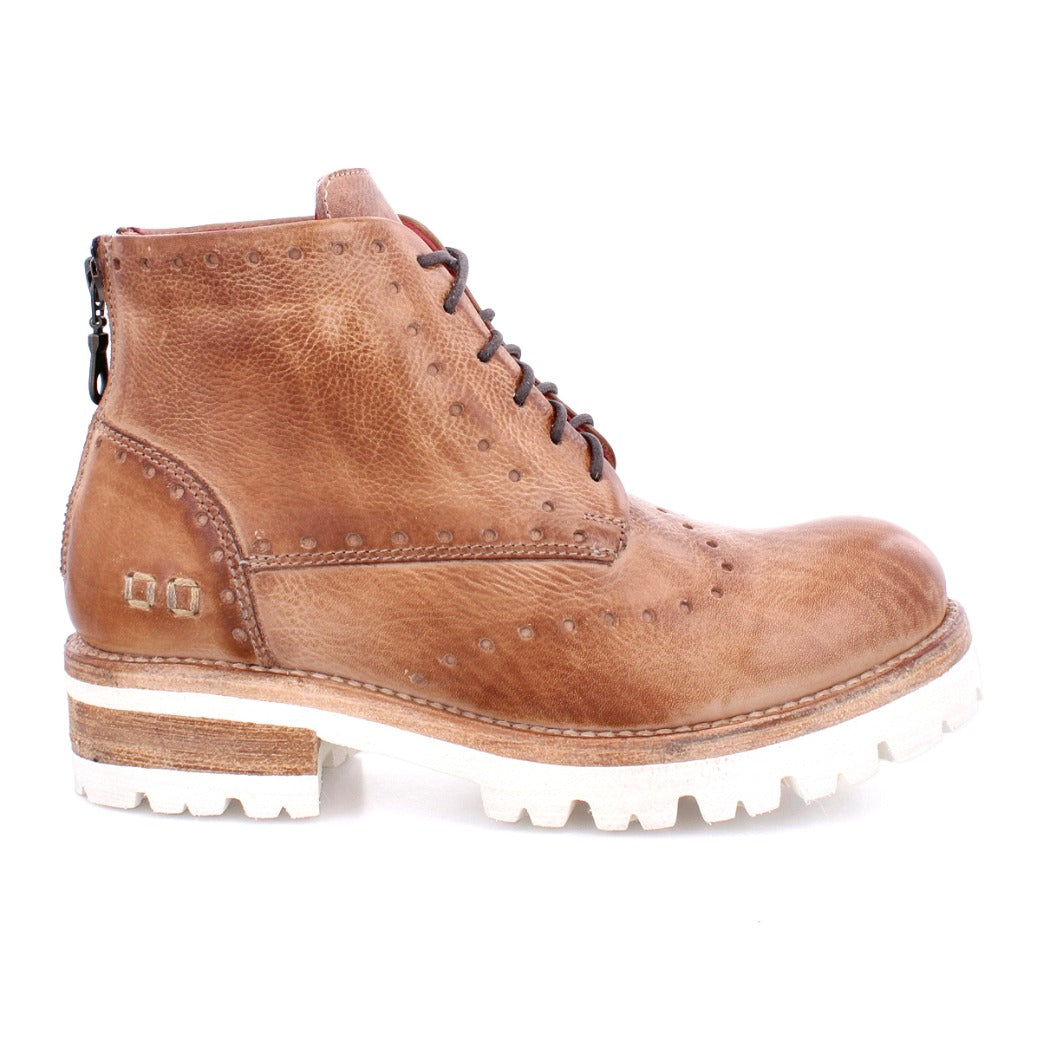 A men's Bed Stu Quatro III brown boot with white soles.
