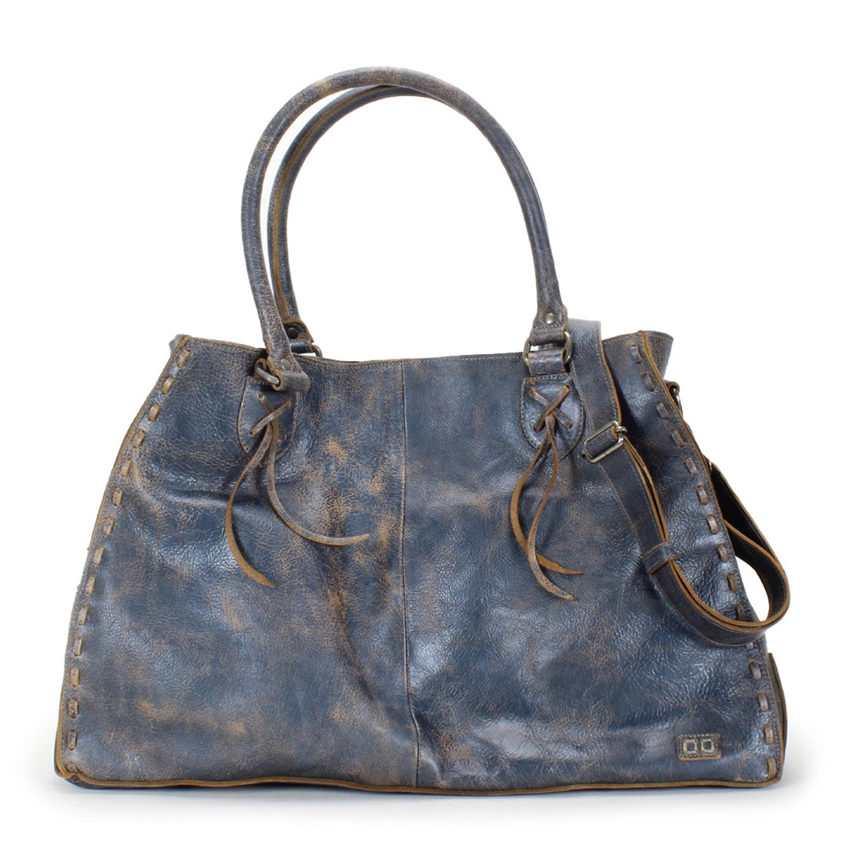 A Rockaway handbag in blue leather with a leather handle made by Bed Stu.