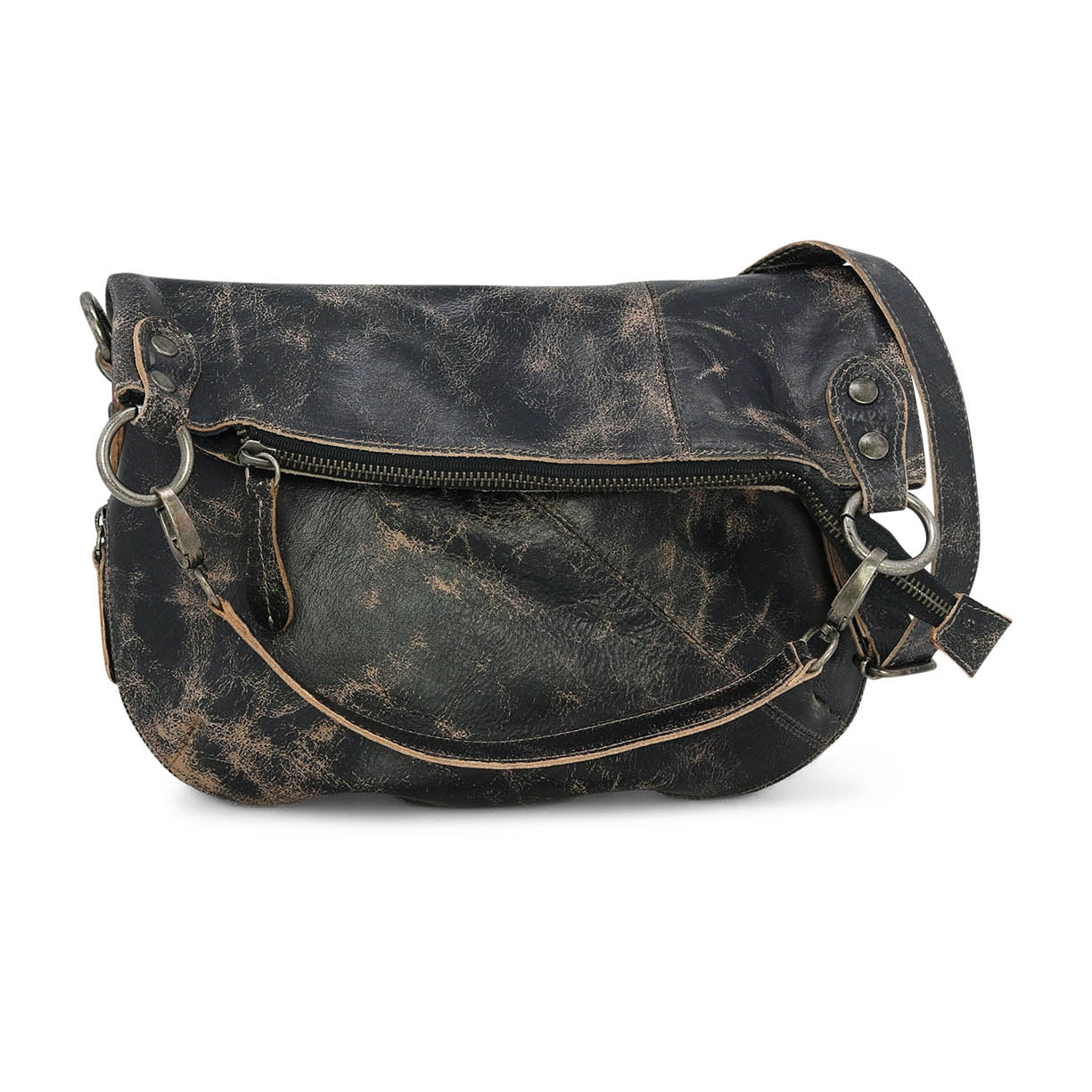 A black leather Tahiti crossbody bag with a zipper by Bed Stu.