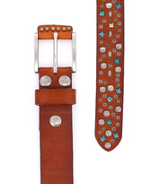 A Tammin II brown leather belt with turquoise studded accents by Bed Stu.